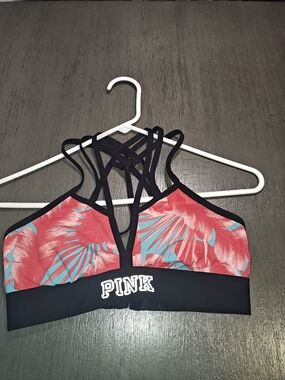 PINK by Victoria's Secret Woman's strappy tropical print sports bra,Size Small